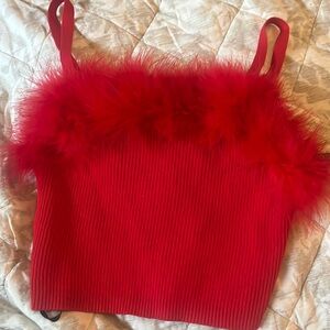 papaya small red tank top with red fluff trim